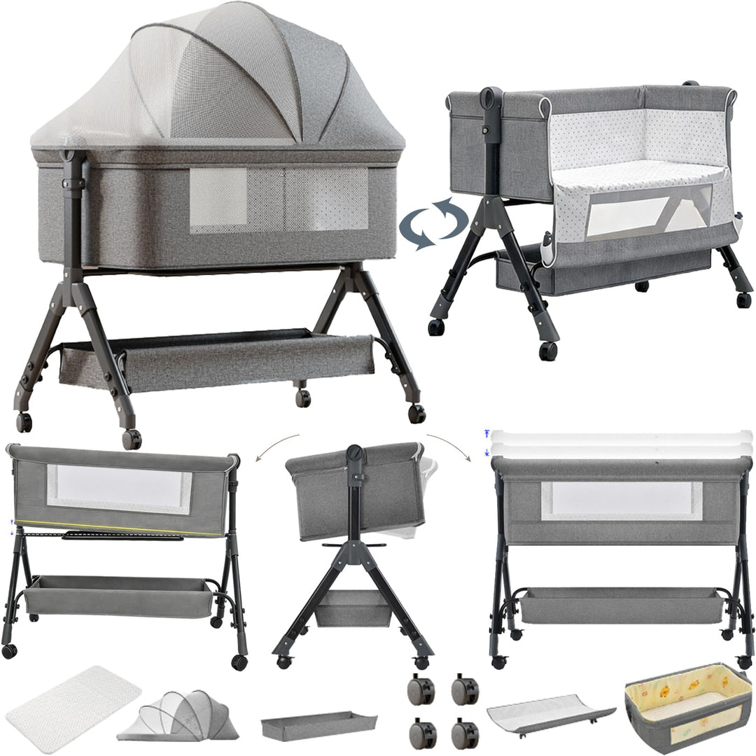 Magic ZC Beistellbett Baby mit Rollen, Convertible Faltbar Co-Sleeping Babybett, Ausgestattet mit ei