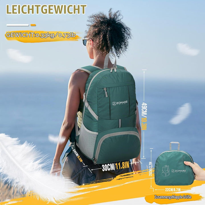 ZOMAKE Faltbarer Rucksack 35L,Leichter Rucksäcke Wasserdicht Wanderrucksack Packable Backpack für Da