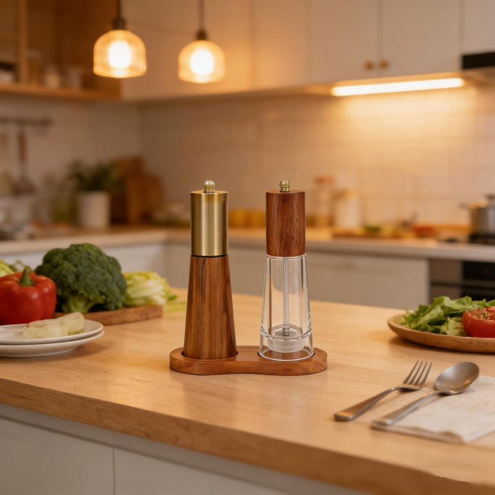 Holz-Salz- und Pfeffermühle-Set mit Ständer, Acrylgehäuse, verstellbarem Kern Premium-Holzsalzmühle