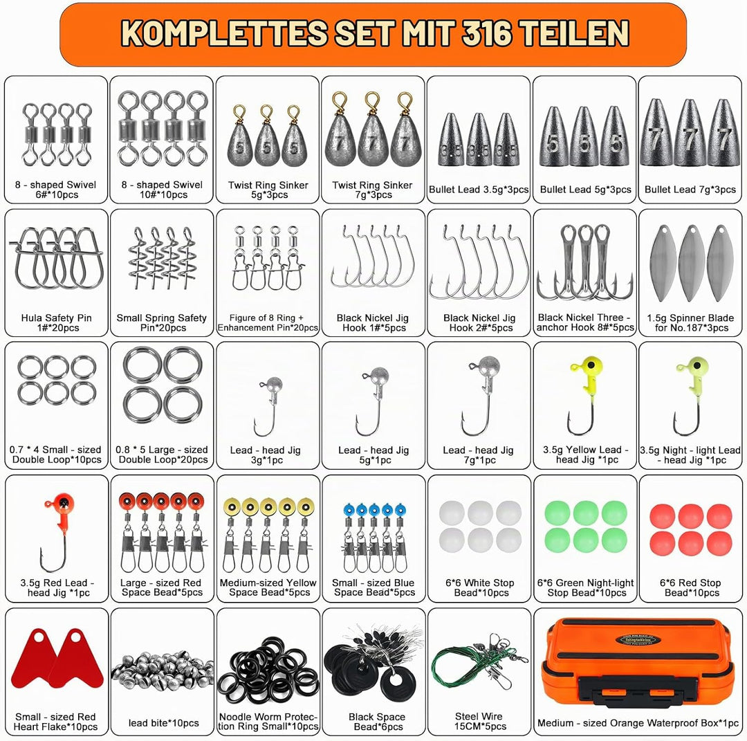 Leeko 316 Stück Angelzubehör-Set mit Wasserdichter Angelkoffer inklusive Bleihaken, Bleidrops, Wirbe