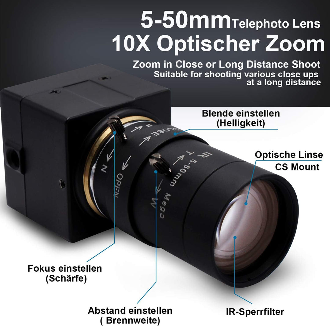 Svpro 5-50mm Varioobjektiv 5MP USB Kamera,10X Optischer Zoom Manual Fokus Webcam mit IR-Sperrfilter