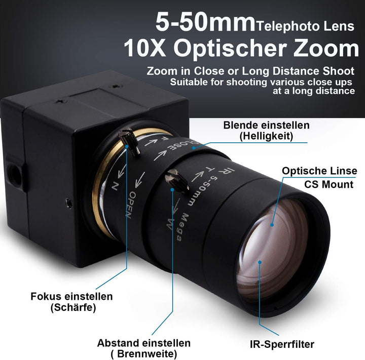 Svpro 5-50mm Varioobjektiv 5MP USB Kamera,10X Optischer Zoom Manual Fokus Webcam mit IR-Sperrfilter