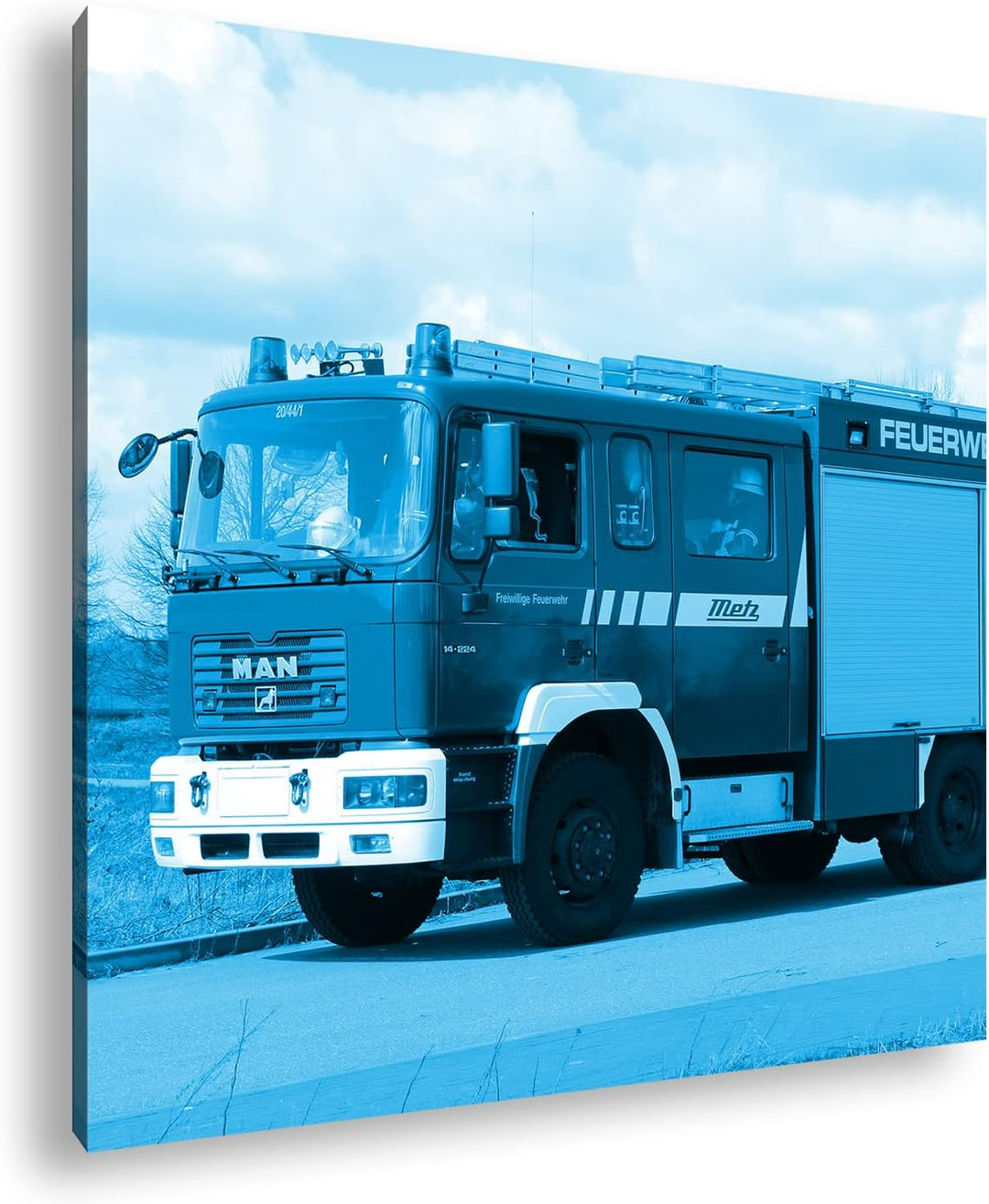 deyoli Rotes Feuerwehrauto Format: 70x70 Effekt: Monocrome Blau als Leinwandbild, Motiv fertig gerah