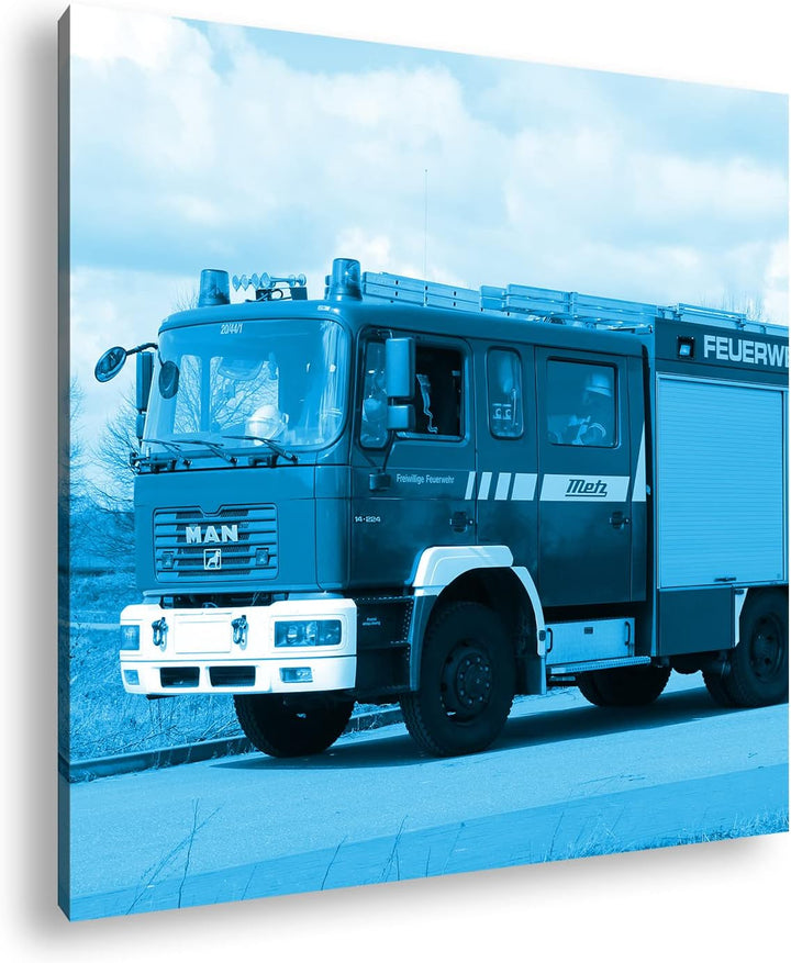 deyoli Rotes Feuerwehrauto Format: 70x70 Effekt: Monocrome Blau als Leinwandbild, Motiv fertig gerah