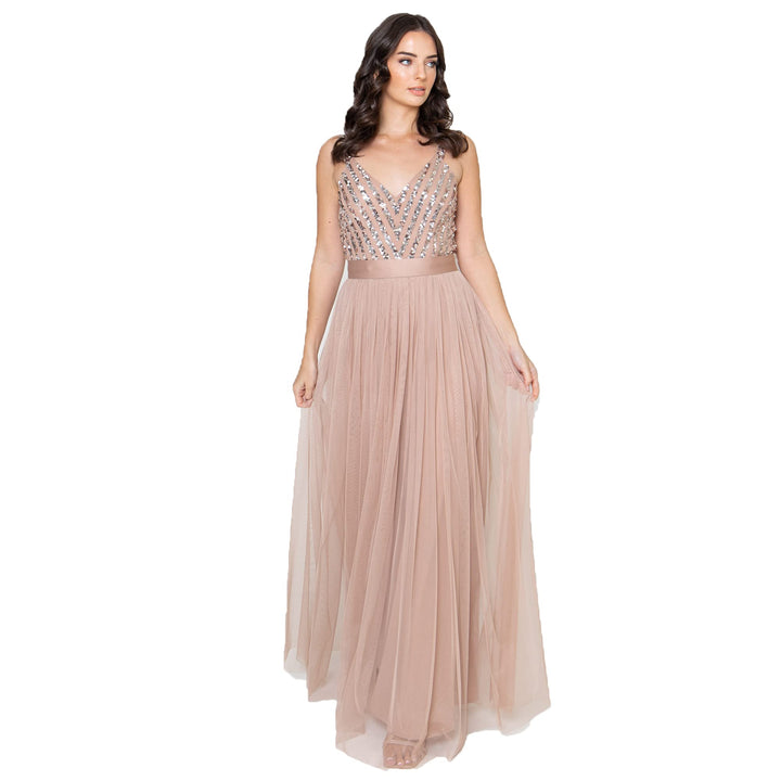 Maya Deluxe Damen Maxi Abendkleid Elegant für Hochzeit mit V-Ausschnitt Tüllkleid Schleife Brautjung