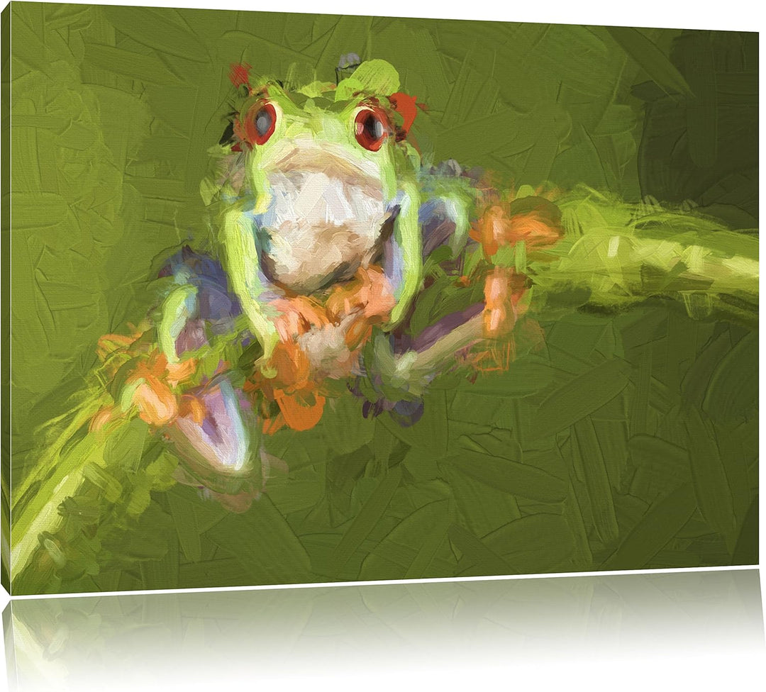 Pixxprint Baum-Frosch auf Bambus Kunst Pinsel Effekt, Format: 100x70 auf Leinwand, XXL riesige Bilde
