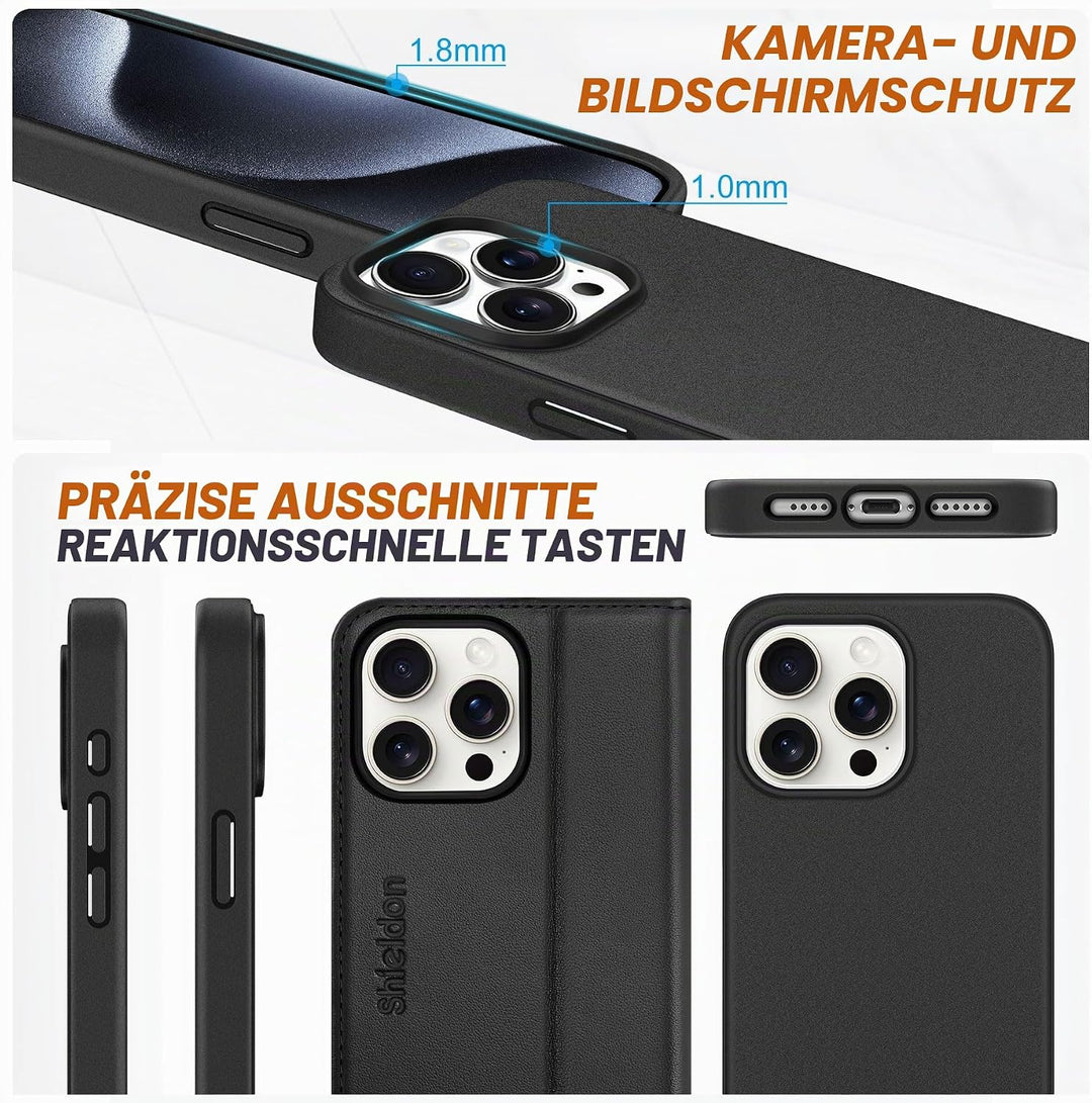 SHIELDON Hülle für iPhone 15 Pro Max, Echtleder Handyhülle [Abnehmbar] [kabelloses Laden] [Kartenfac