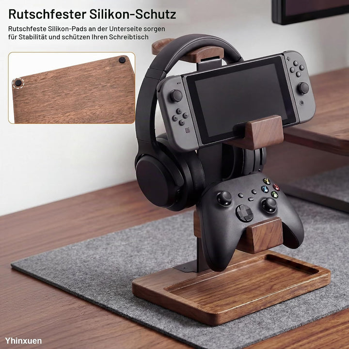 2-in-1-Controller-Halter und Kopfhörer-Ständer, doppelstöckiges Aufbewahrungsregal ausMassivholz für
