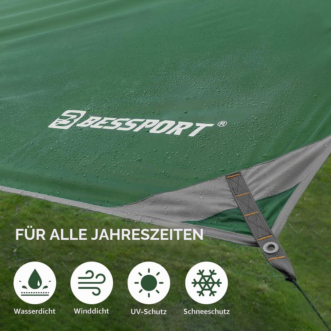 Bessport Tarp, Zeltplane Wasserdicht, 3x4.6m Mit Stützstange, Erdnägeln und Nylonschnur, Ultraleicht