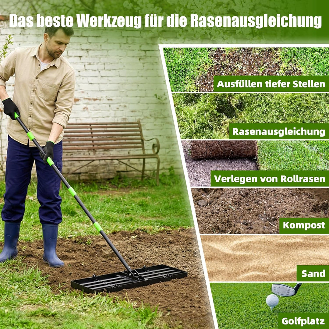 GARDTECH Rasenrakel 75x25 cm | Nivellierrechen aus Edelstahl mit Anti-Kipp-Design | 195 cm Verstellb