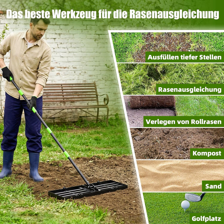 GARDTECH Rasenrakel 75x25 cm | Nivellierrechen aus Edelstahl mit Anti-Kipp-Design | 195 cm Verstellb