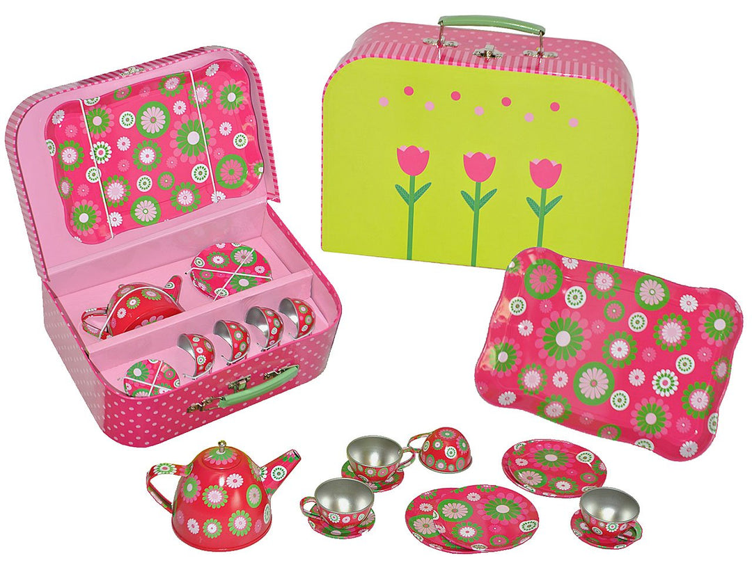 16 TLG. Set - Picknick Koffer Metall Geschirr - Spiel Küche Zubehör Koffer - Picknickkorb für Kinder