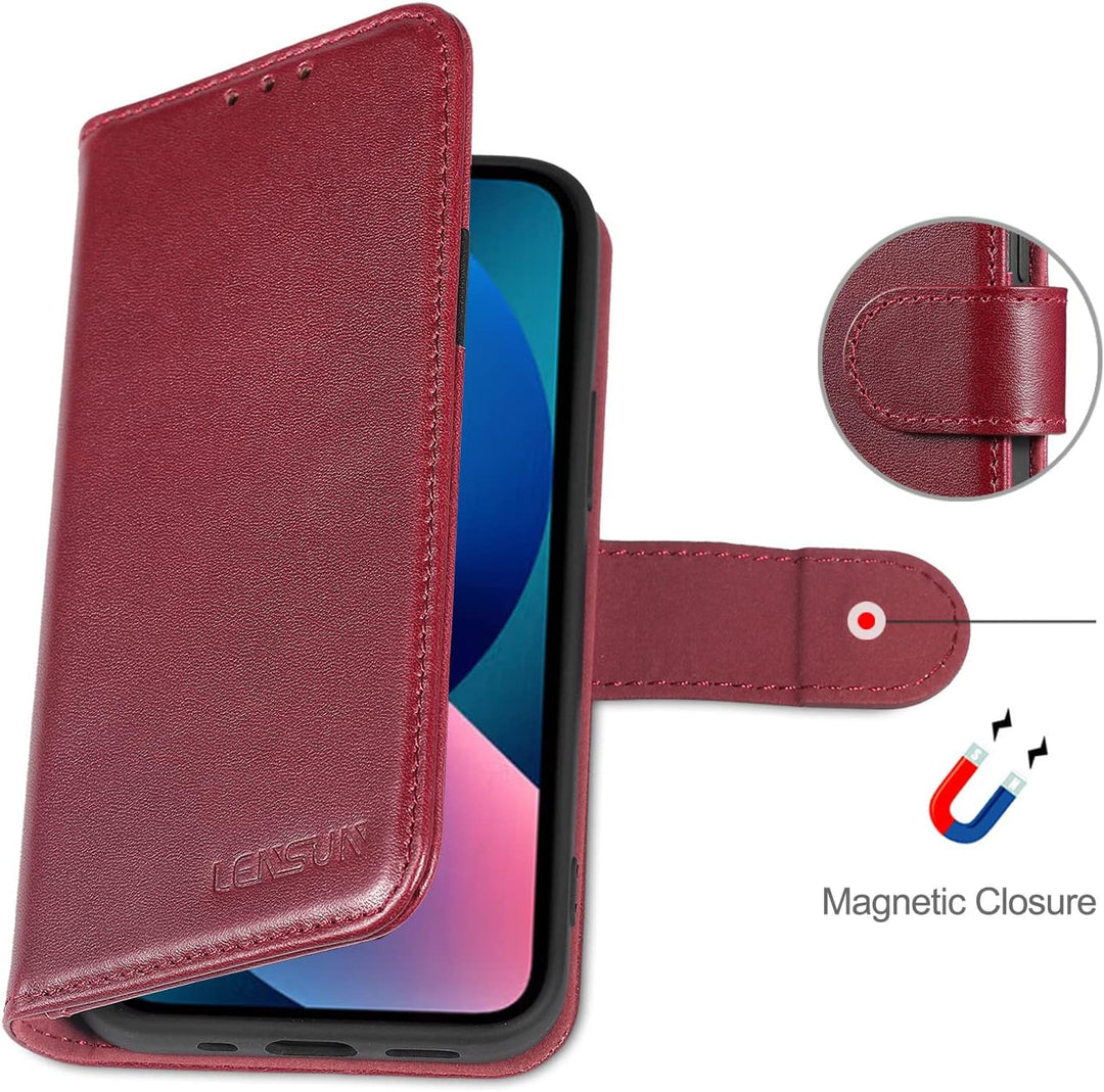 LENSUN Echtleder Hülle für iPhone 13 Mini, Handyhülle [Echtes Leder][Magnetverschluss][RFID Schutz]