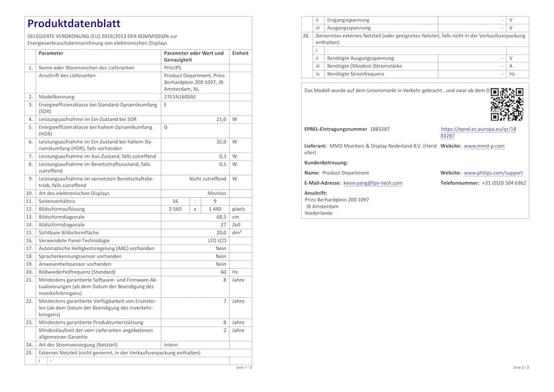 PHILIPS 27E1N1600AE - 27 Zoll QHD Monitor, Lautsprecher, höhenverstellbar (2560x1440, 100Hz, HDMI 1.