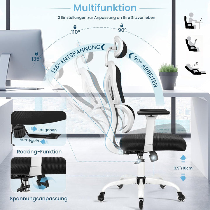 KERDOM Bürostuhl Ergonomischer Schreibtischstuhl,mit Verstellbarer Kopfstütze, Armlehnen, Lendenwirb