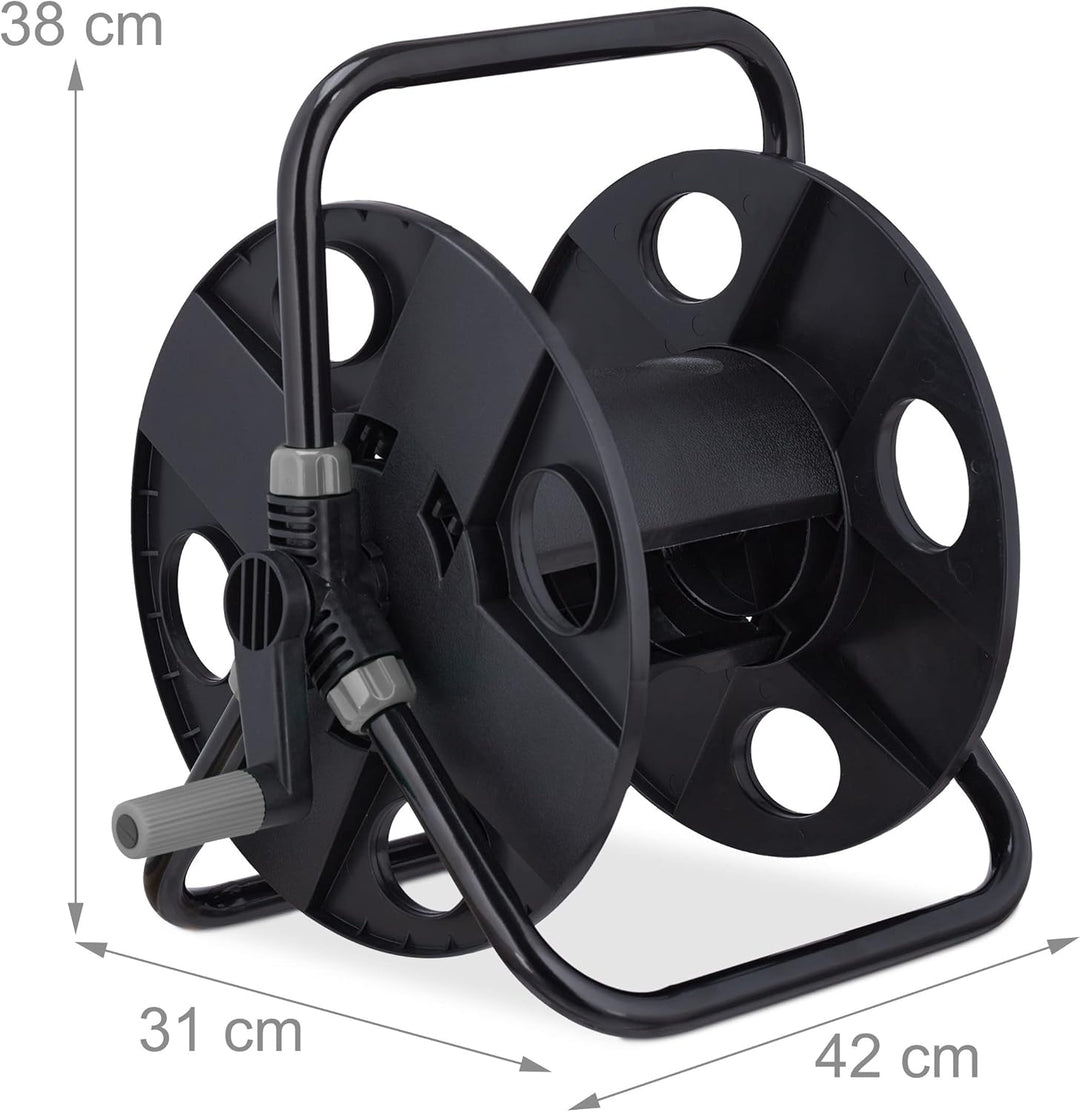 Relaxdays Schlauchtrommel, für 30 m 1/2" Schlauch, Stahl, Kunststoff, Schlauchhalter, HBT: 38 x 42 x