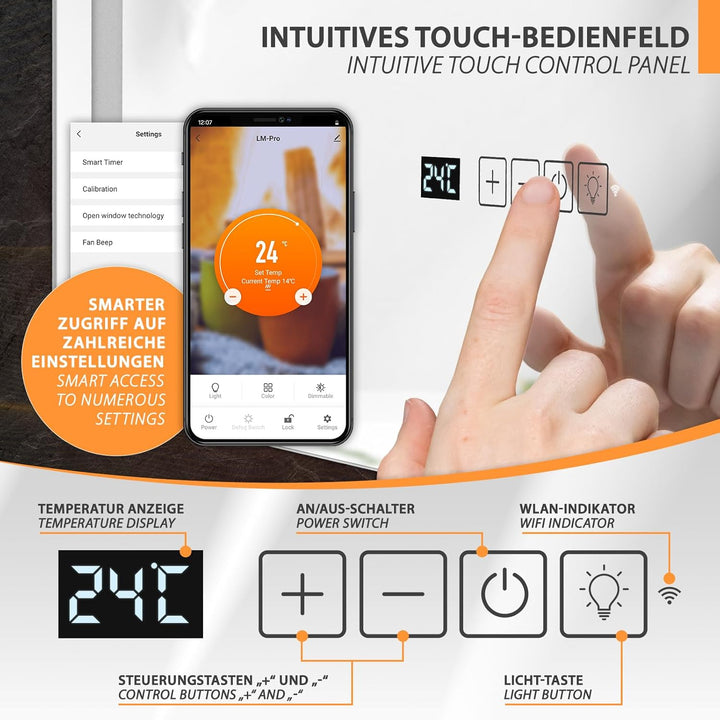 Infrarot Spiegelheizung Heizspiegel LM400-Pro 70x80cm 400W mit Beleuchtung, Tuya Smart App, Antibesc