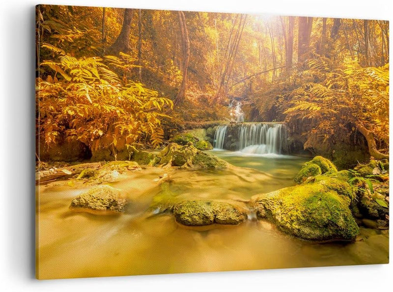 ARTTOR Bilder auf Leinwand 100x70cm Leinwandbild Wald Bach Tropen Natur Gross Wanddeko Bild Schlafzi