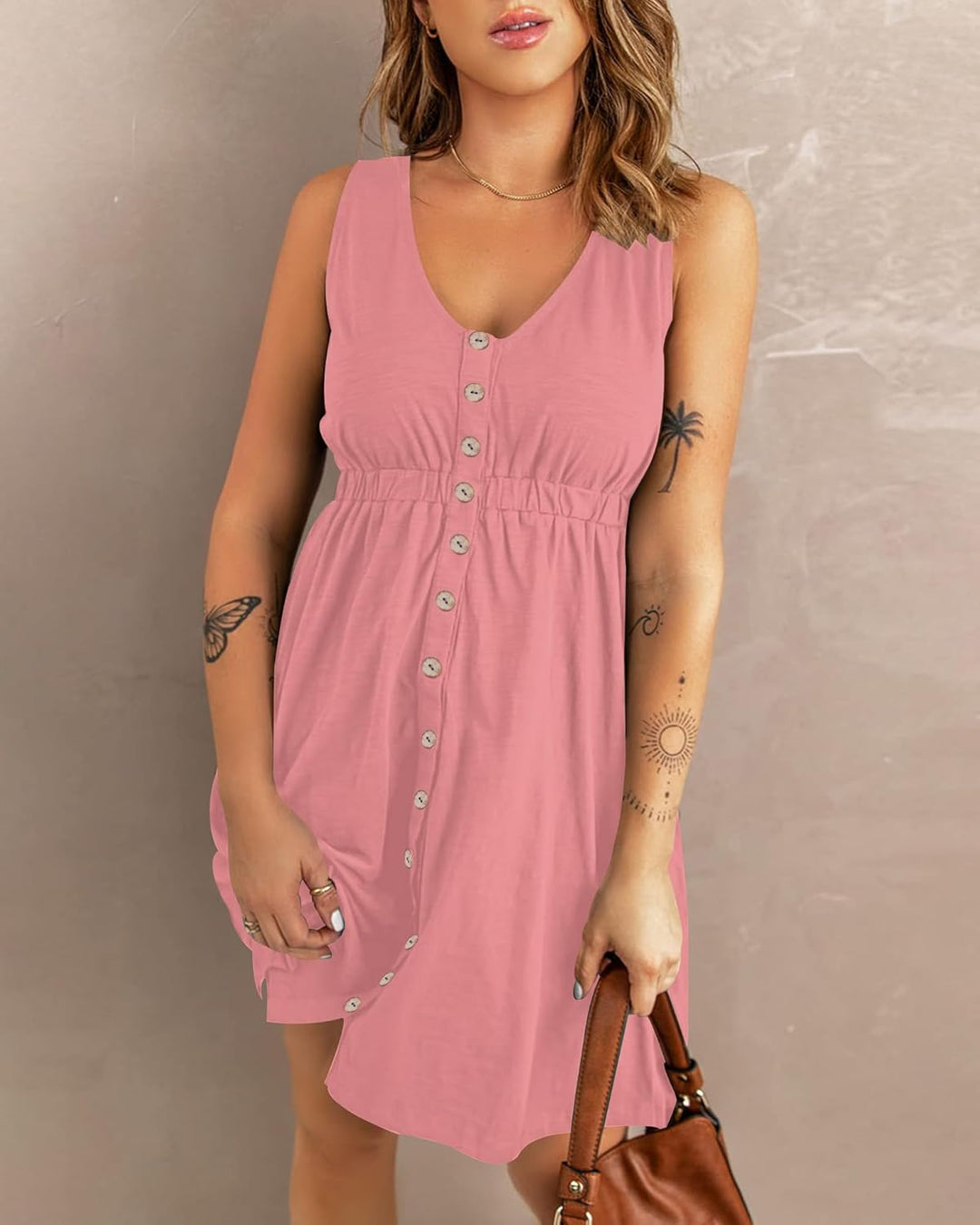 AUSELILY Sommerkleid Damen Ärmellos V-Ausschnitt Minikeid Casual Button Down Strandkleid mit Taschen