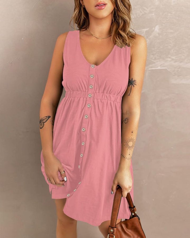AUSELILY Sommerkleid Damen Ärmellos V-Ausschnitt Minikeid Casual Button Down Strandkleid mit Taschen