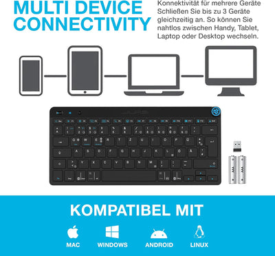 JLab GO Wireless Bluetooth-Tastatur, DE-Layout Mehrere Verbindungsoptionen, Multifunktionaler Medien