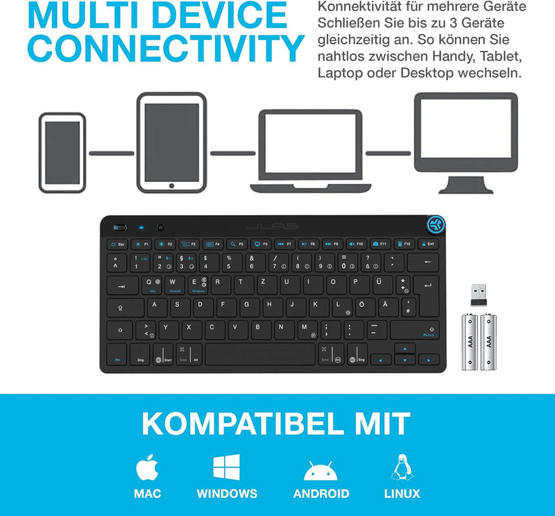 JLab GO Wireless Bluetooth-Tastatur, DE-Layout Mehrere Verbindungsoptionen, Multifunktionaler Medien