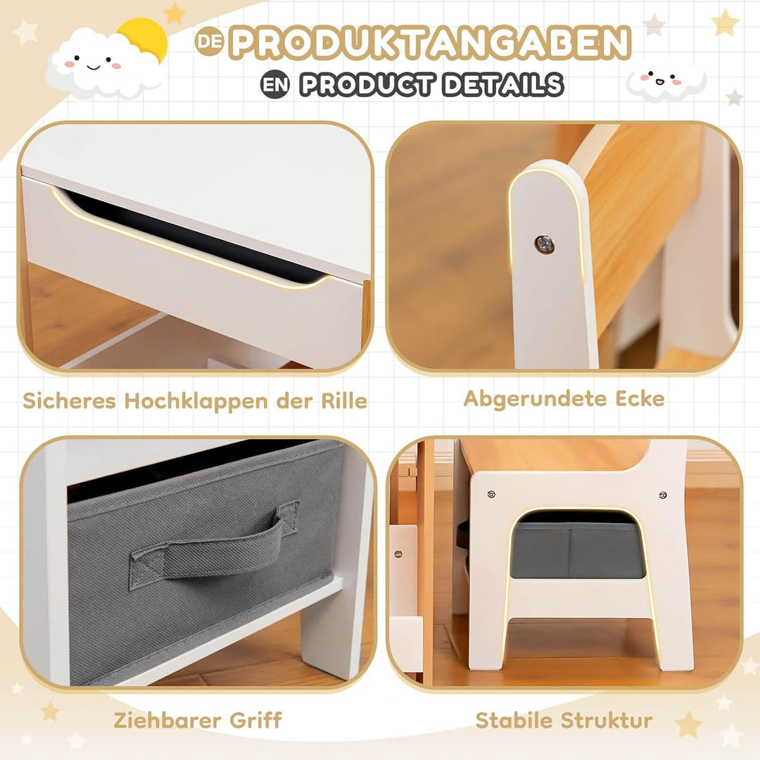 Yorbay Kindertisch mit 2 Stühle, Kindermöbel Set aus Holz mit Stauraum und Bücherregalen, 3 in 1 Mal