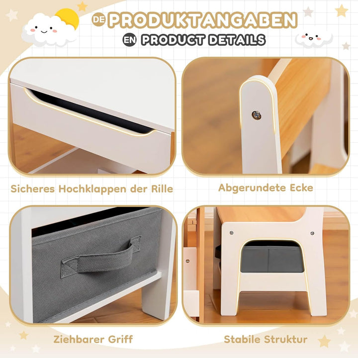 Yorbay Kindertisch mit 2 Stühle, Kindermöbel Set aus Holz mit Stauraum und Bücherregalen, 3 in 1 Mal