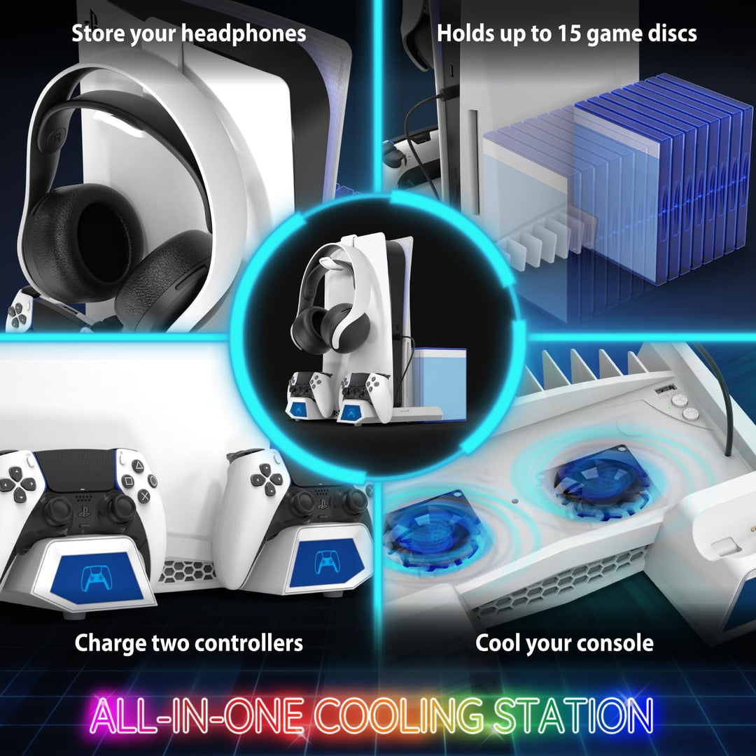 Fosmon - PS5 Ständer mit 3 stufig Lüfter und Licht, PlayStation 5 Slim/pro Standfuss mit 2 USB Ports