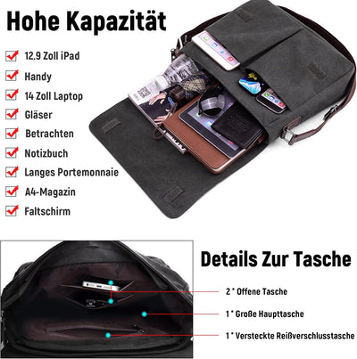 VARLIVOO Umhängetasche für Herren Schultertaschen 14" Zoll Laptoptaschen Messenger Bags Kuriertasche