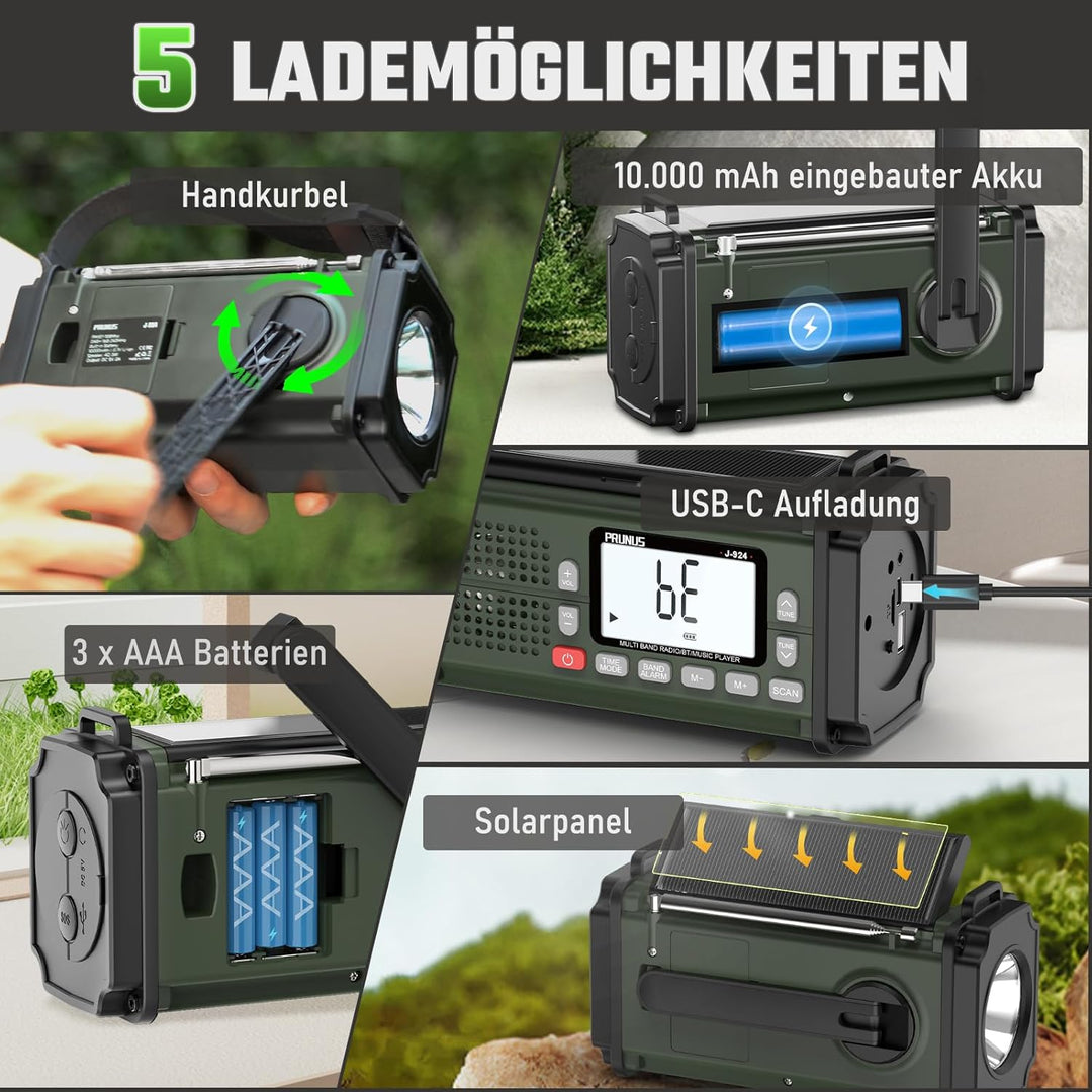 PRUNUS J-924S AM/FM/SW Kurbelradio Notfall Weltempfänger, Notfallradio mit 10000mAh Akku, Solar Radi