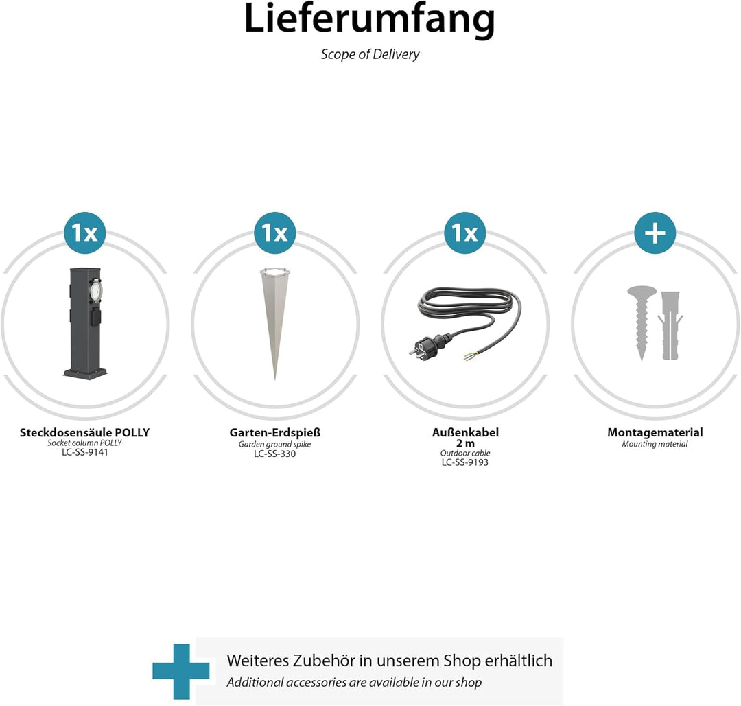 ledscom.de Garten-Steckdosen-Säule Polly mit Erdspiess und 2m Kabel für aussen, IP44, 3-Fach mit Tim