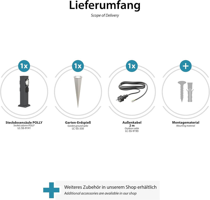 ledscom.de Garten-Steckdosen-Säule Polly mit Erdspiess und 2m Kabel für aussen, IP44, 3-Fach mit Tim
