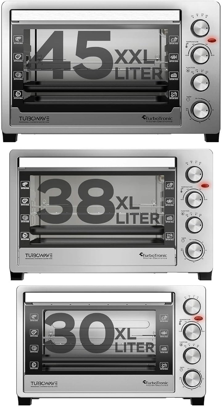 TurboTronic Elektrobacköfen mit Umluft, Grill &amp; Drehspiess | 30 L, 38 L &amp; 45 L Edelstahl-Tischbacköf