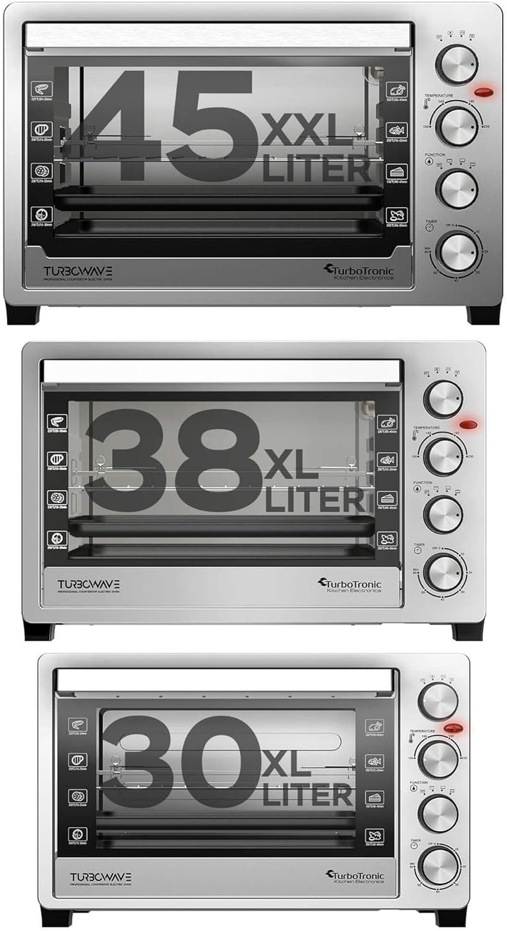 TurboTronic Elektrobacköfen mit Umluft, Grill &amp; Drehspiess | 30 L, 38 L &amp; 45 L Edelstahl-Tischbacköf