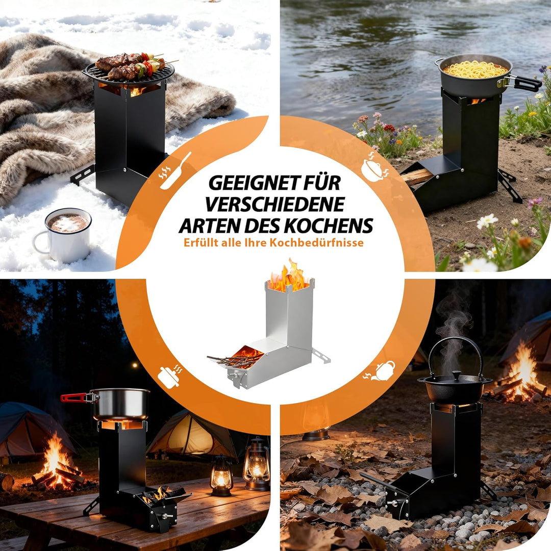Raketenofen Edelstahl Camping Holzofen & Feuerschale mit Tasche, vielseitiger Tragbar Campingofen, K