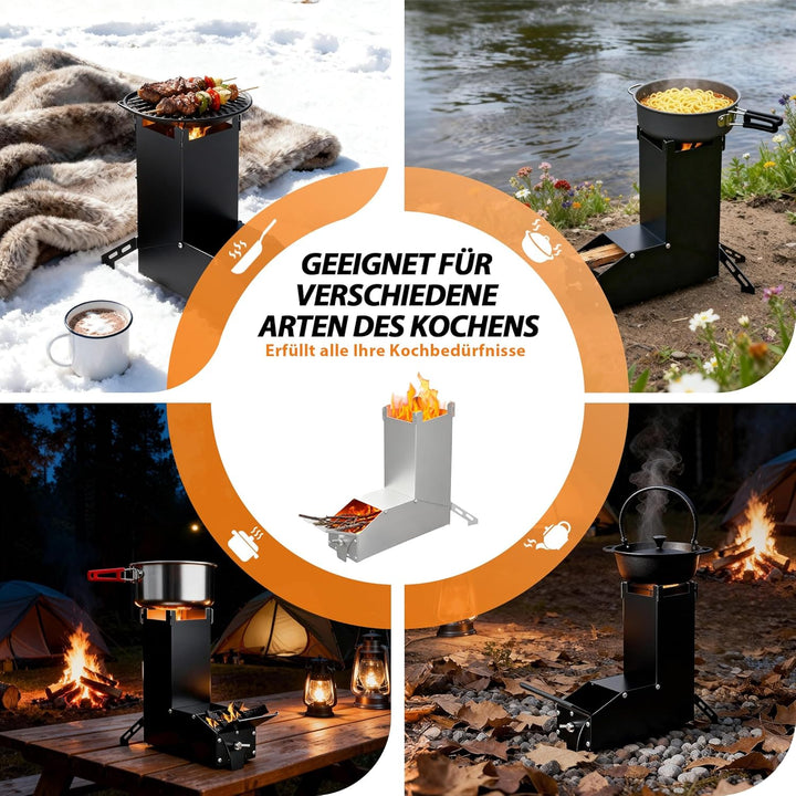 Raketenofen Edelstahl Camping Holzofen & Feuerschale mit Tasche, vielseitiger Tragbar Campingofen, K
