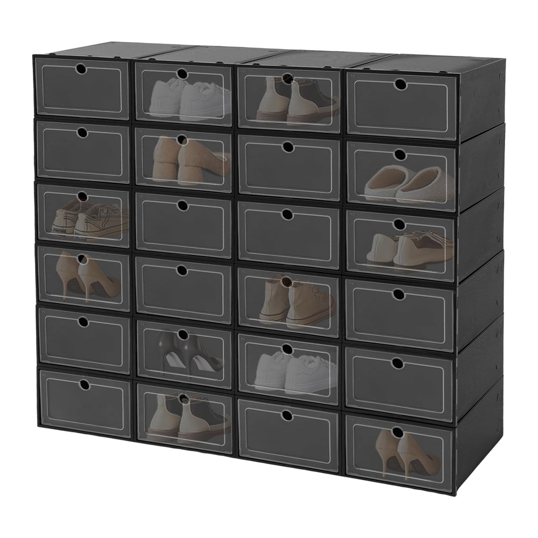 Schuhboxen Stapelbare Schuh Organizer 24 Stück mit Transparent Deckel Zusammenklappbares Schuhaufbew