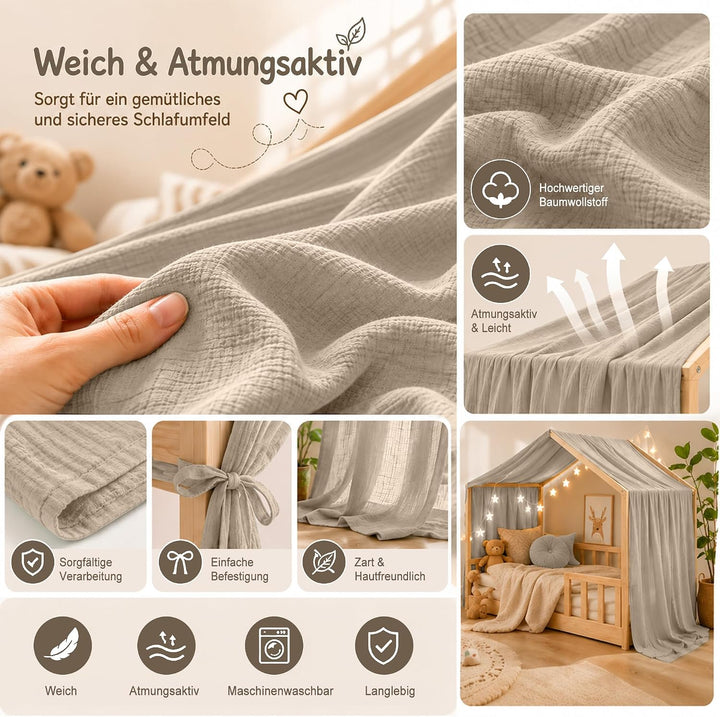 Hook Hausbett Himmel Deko Set, Betthimmel Hausbett aus Musselin - 1 Betthimmel &amp; 1 Wimpelkette, für