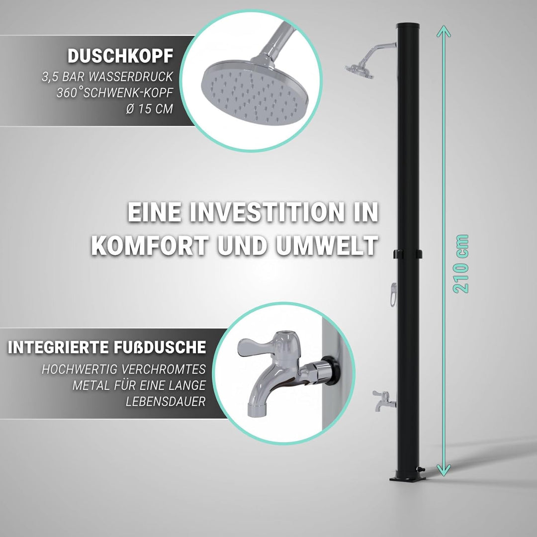 HAGO Solardusche | 20L | rund | Schwarz/Silber | Pooldusche | Campingdusche | Gartendusche | Outdoor