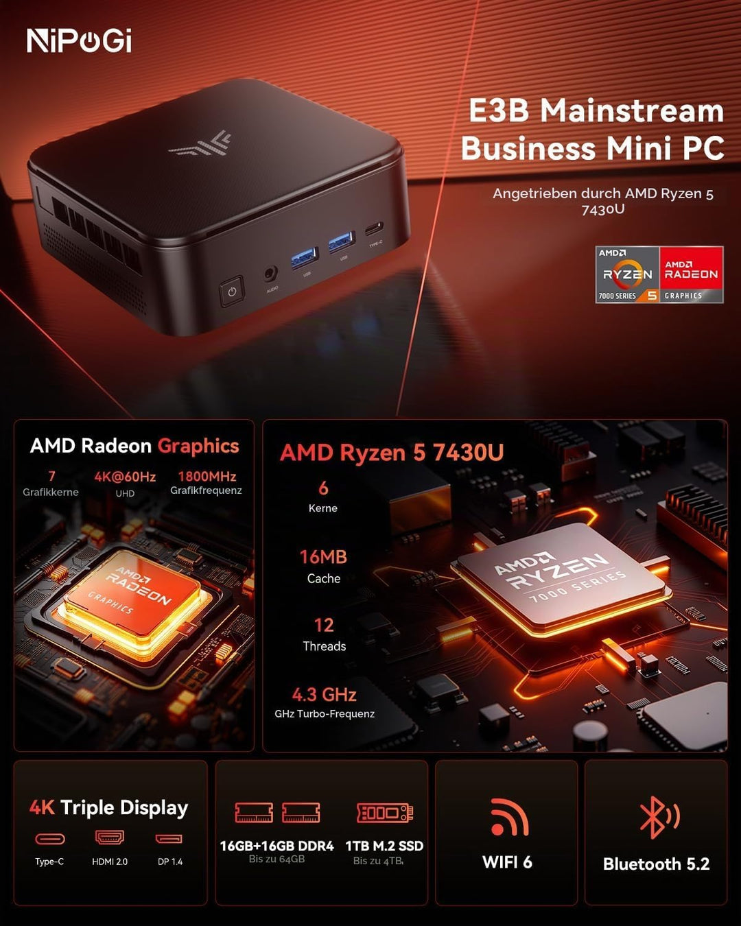 NiPoGi E3B Mini PC АMD Ryzen 5 7430U(Bis zu 4,3GHz) 32GB(2 * 16GB) DDR4 1TB M.2 SSD, Mini Computer m