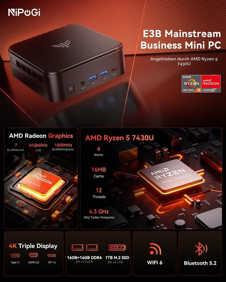 NiPoGi E3B Mini PC АMD Ryzen 5 7430U(Bis zu 4,3GHz) 32GB(2 * 16GB) DDR4 1TB M.2 SSD, Mini Computer m