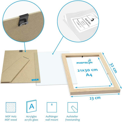 PHOTOLINI Bilderrahmen A4 21x30 cm MDF-Holz Natur, 6er Set Posterrahmen mit Passepartout, bruchsiche