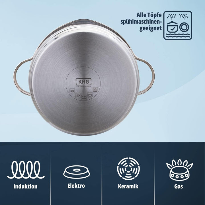 KHG Topfset 3 teilig Induktionstöpfe Edelstahl Rostfrei - 16 cm 20 cm 24 cm mit Ausguss Innenskalier