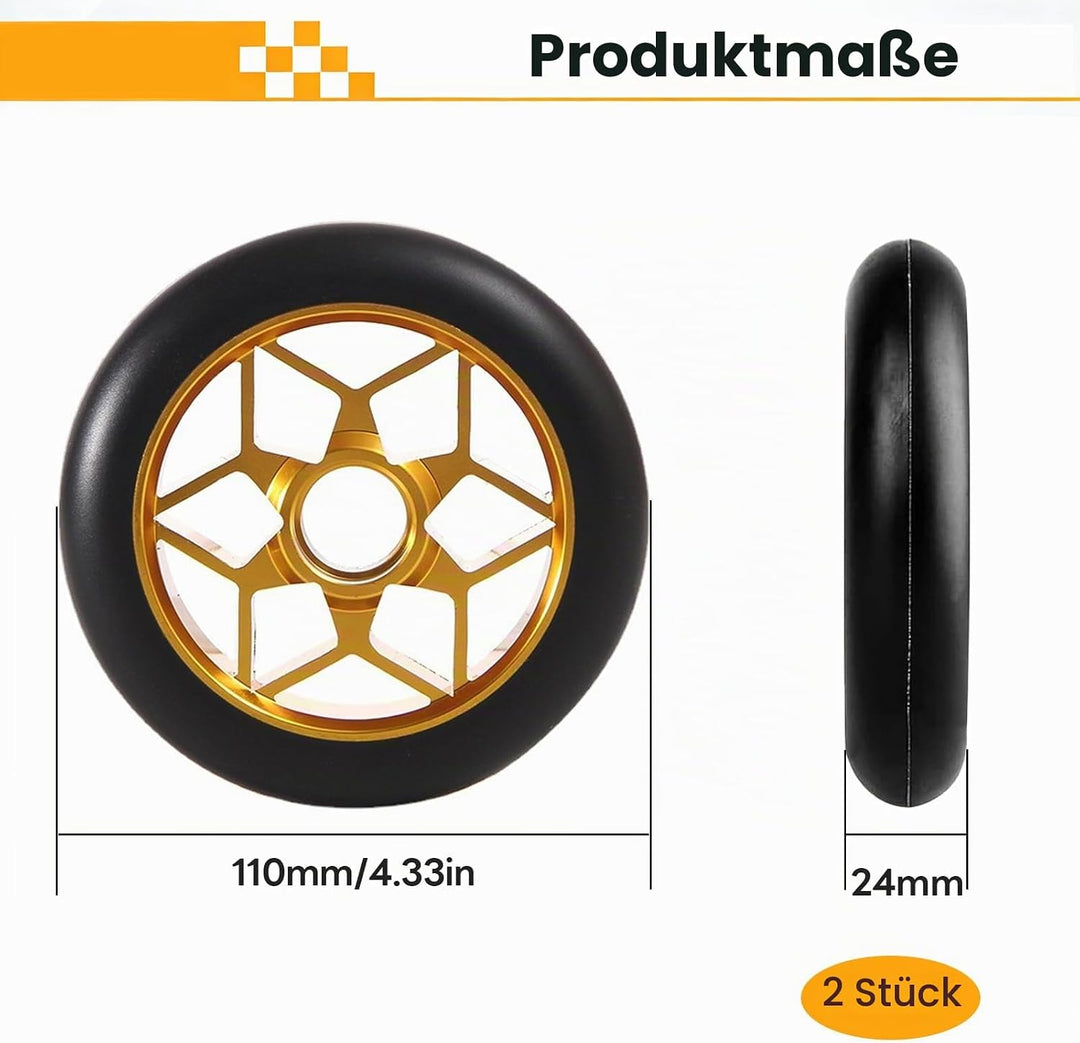 2 Stück Rutschfest Stunt Scooter Rollen, Stossdämpfend 110 mm Stunts Scooters Reifen Geräuscharm Gol