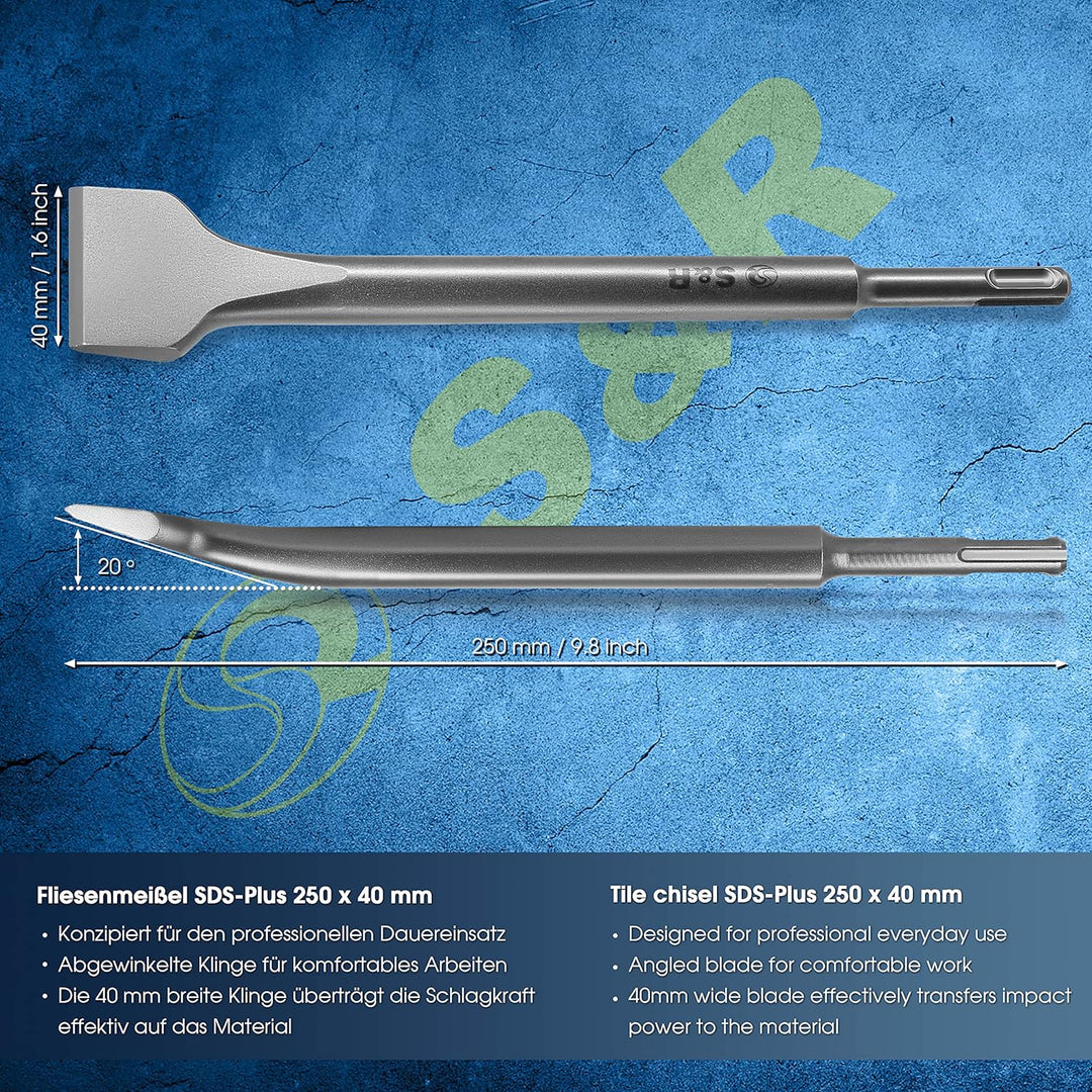 S&R Fliesenmeissel SDS-plus 250 x 40 mm, angewinkelt, Meissel gehärtet, Profi-Qualität