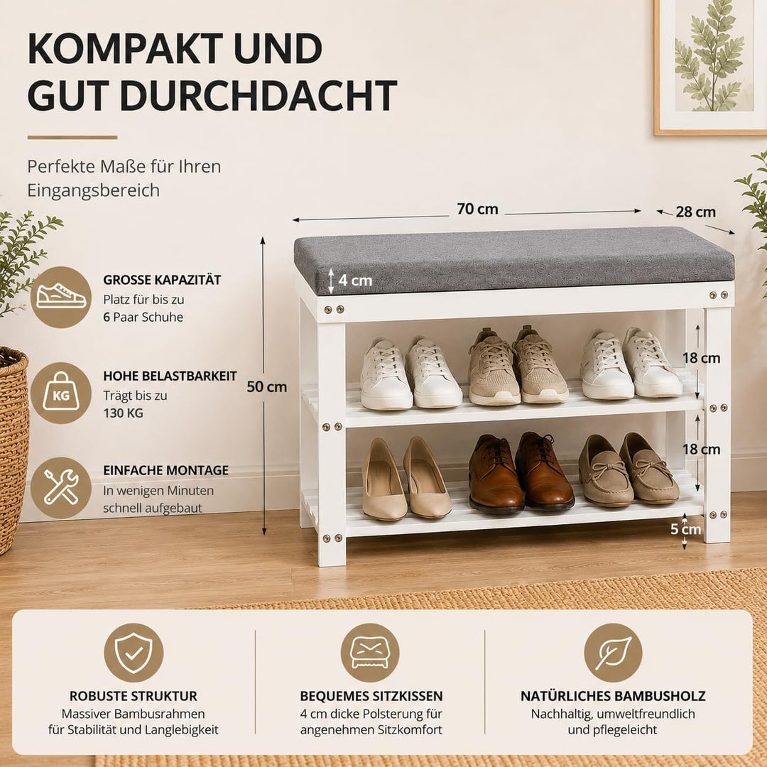 APICIZON Bambus Schuhbank, Schuhregal mit 3 Ebenen, 70×28×50cm, Schuhschrank mit Gepolstertem Sitz f