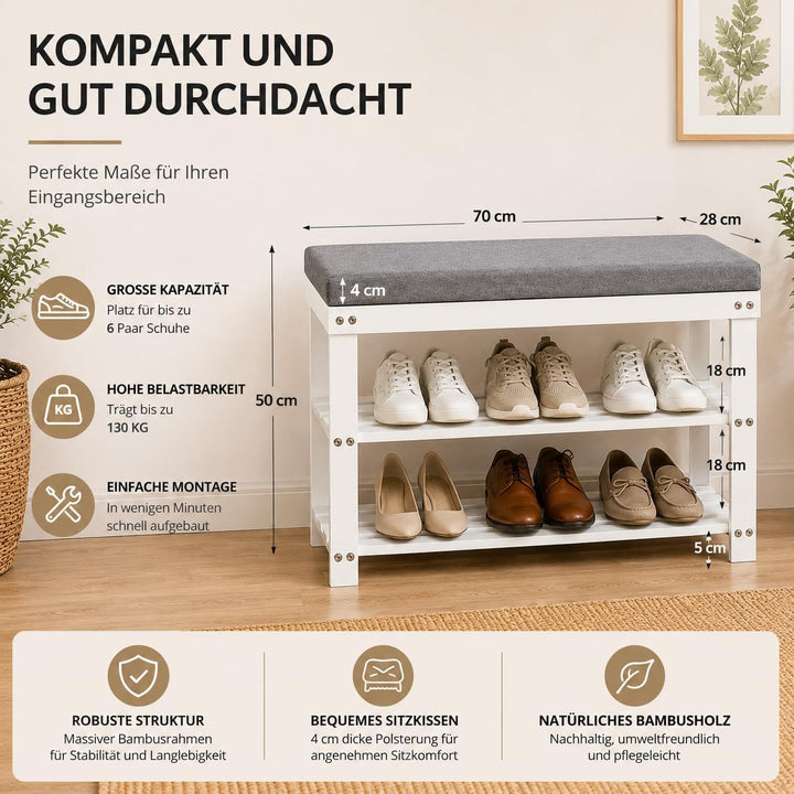 APICIZON Bambus Schuhbank, Schuhregal mit 3 Ebenen, 70×28×50cm, Schuhschrank mit Gepolstertem Sitz f