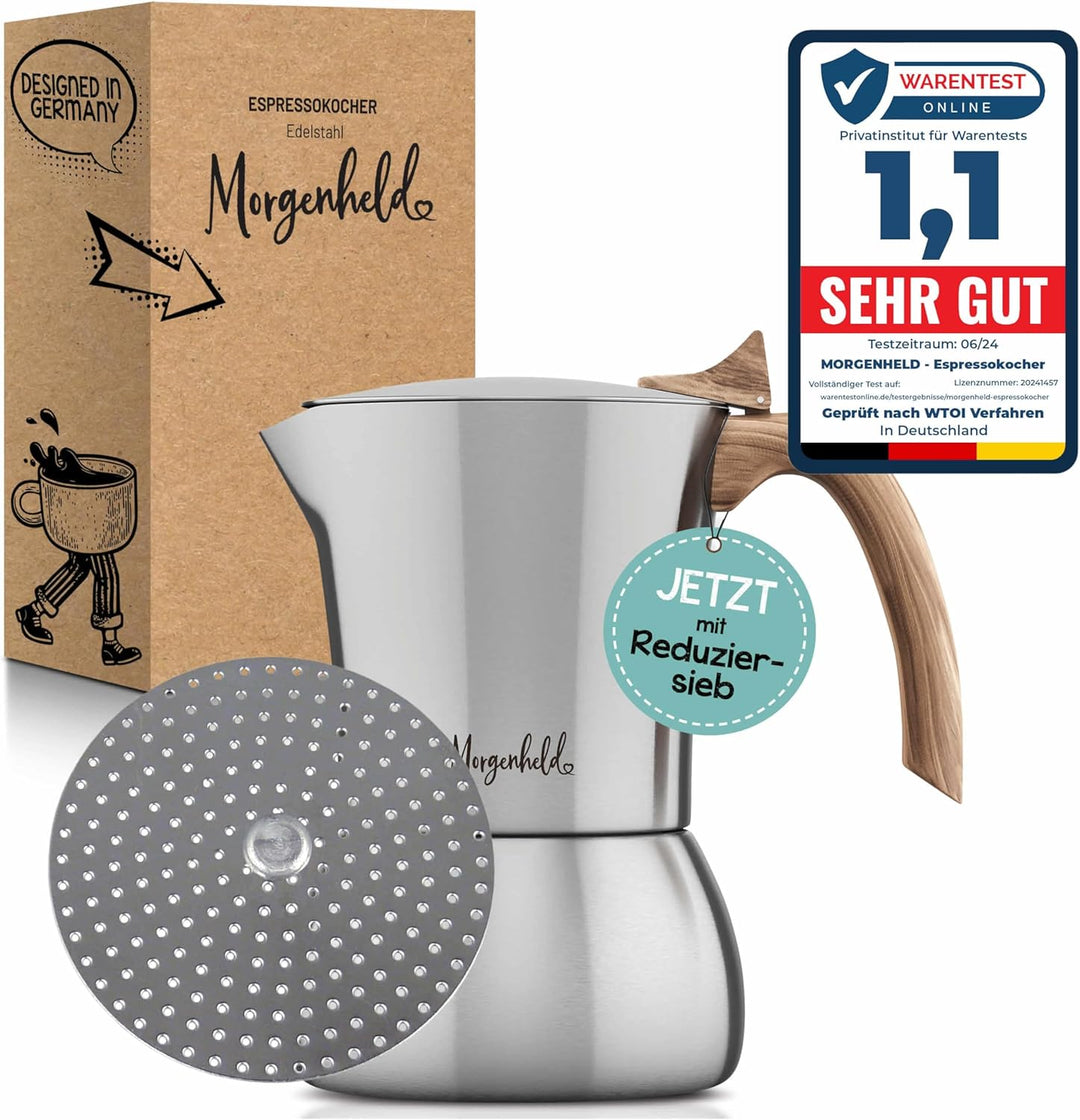 FLOW Premium Edelstahl Espressokocher mit Reduziersieb für 2 bis 4 Tassen 200ml - Espressomaker indu