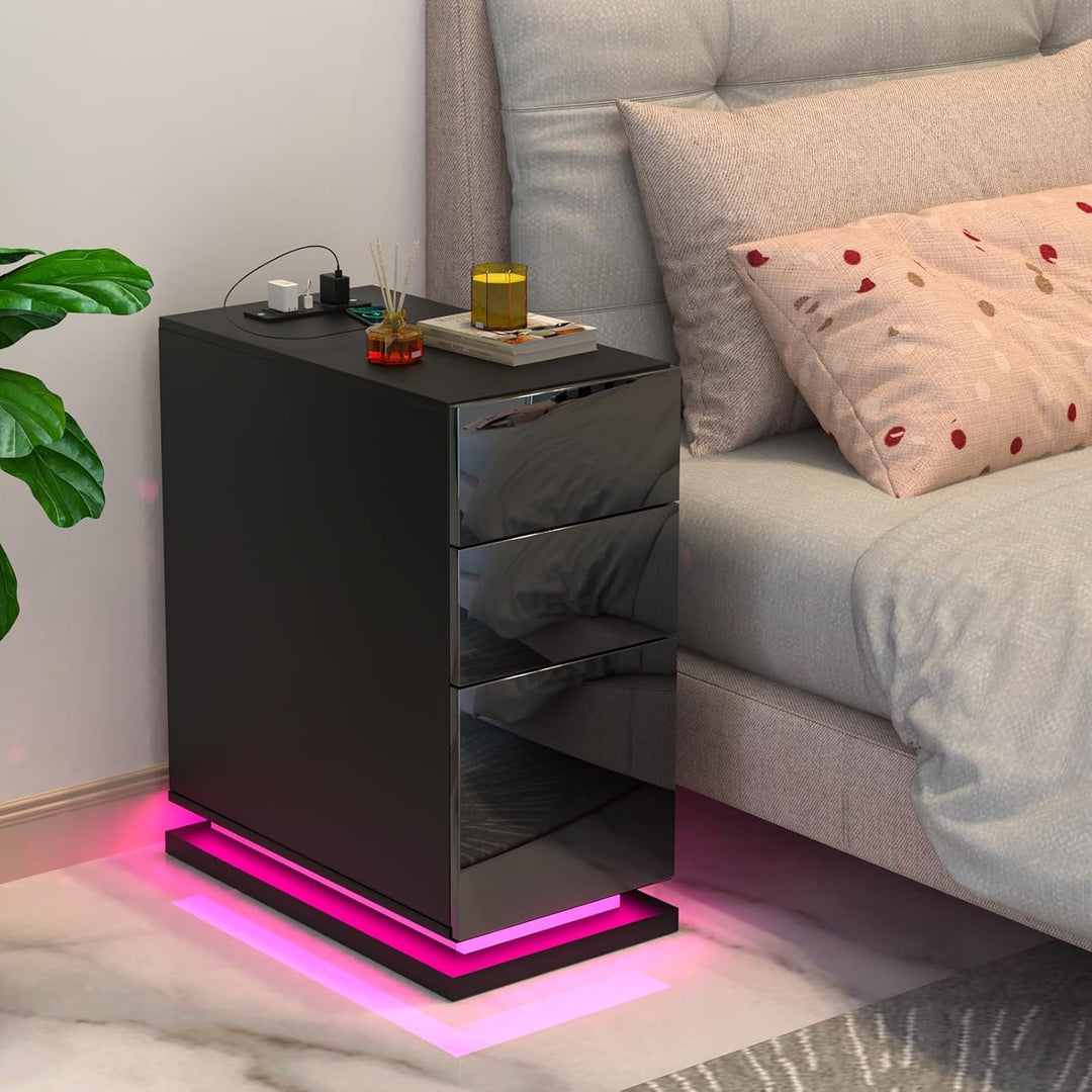 PIPIPOXER 2er Set Nachttisch LED mit Steckdose & USB, Nachttisch Weiss Hochglanz Nachtkommode mit 3
